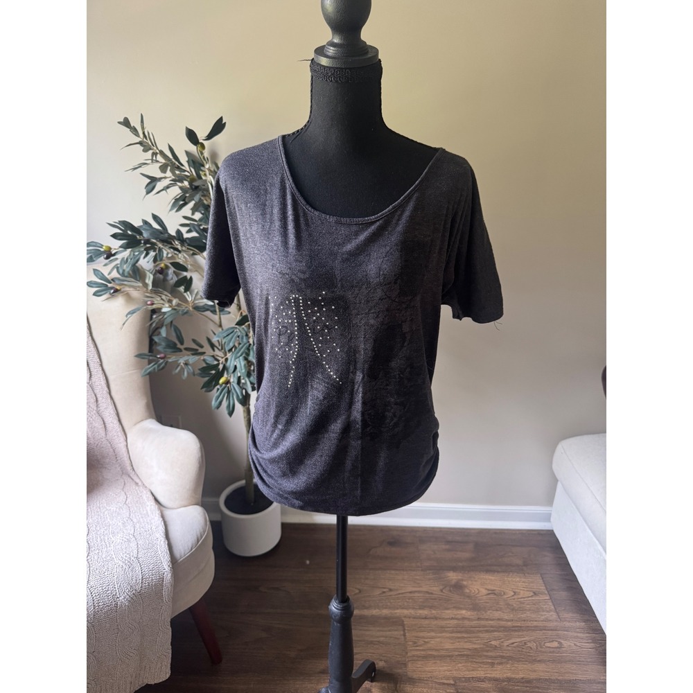 Agenda Womens Charcoal Gray Rhinestone Graphic Short Sleeve Tee Shirt Size M